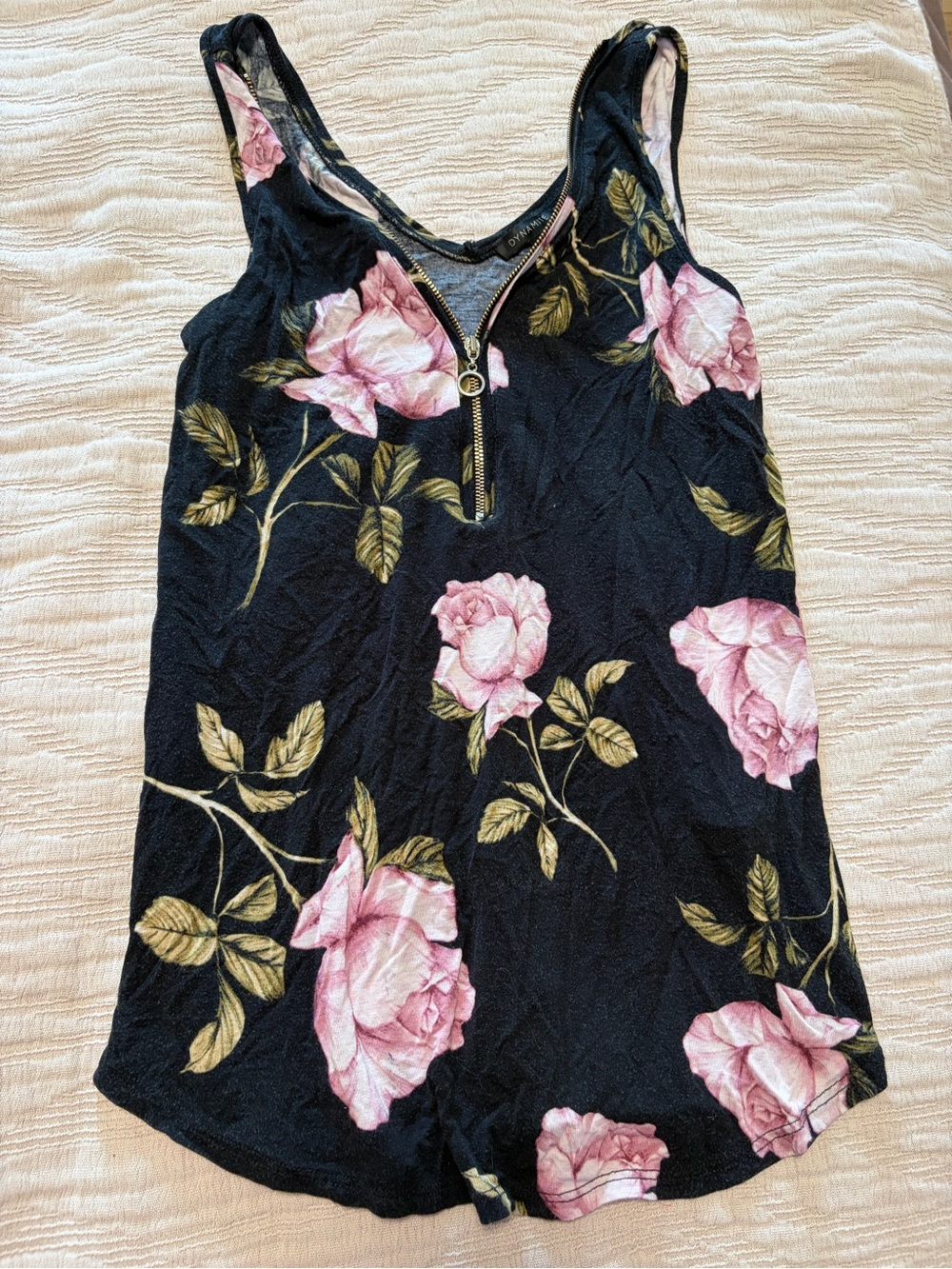 Dynamite Black Tank Top with Pink Rose Print and Front Zip